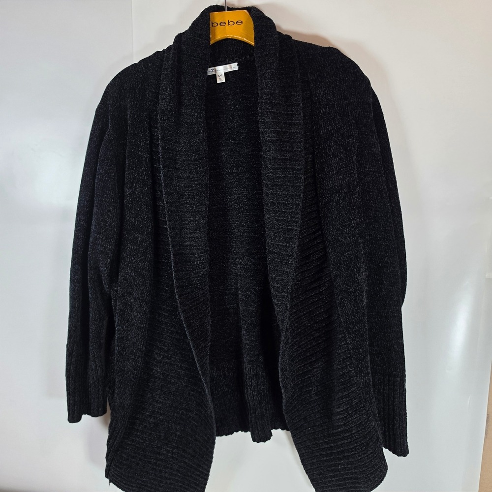 Seven7 Women Chenille Cardigan Sweater L Large Black Caviar Shawl‎ Collar Cozy